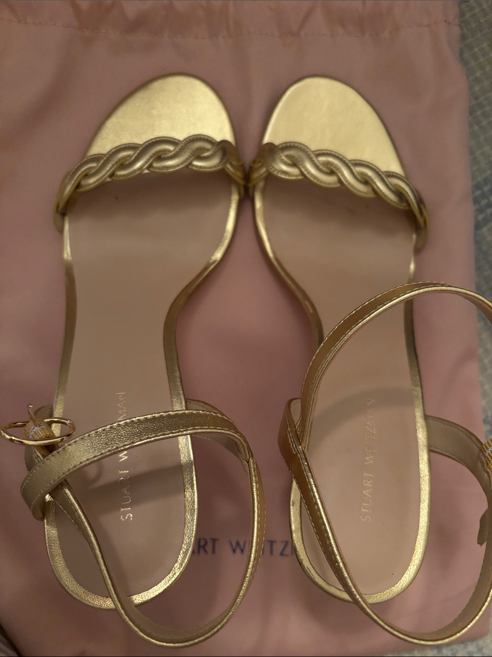 Stuart Weitzman Metallic Gold Braided Front Ankle-Strap Sandals